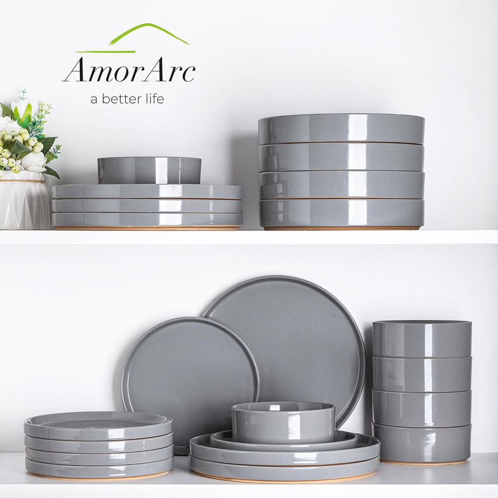 AmorArc Ceramic Dinnerware Set for 4 | Speckled Stoneware Plates and Bowls with unglazed terracotta | Scratch Resistant, Dishwasher & Microwave Safe Dishes Sets- 12-Pcs Pink