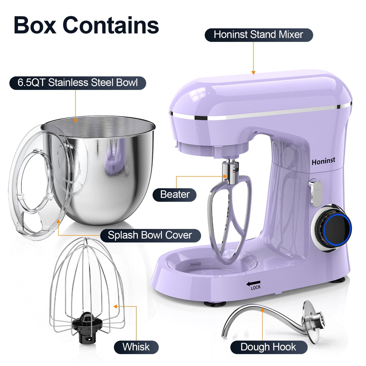 Honinst 6.5 QT Electric Stand Mixer, 10+P Speeds Lightweight with Tilt-Head Kitchen Stand Mixer, Dough Hook, Whisk, Beater and Bowl, Food Mixer for Baking, Cake and Most Home Cooks
