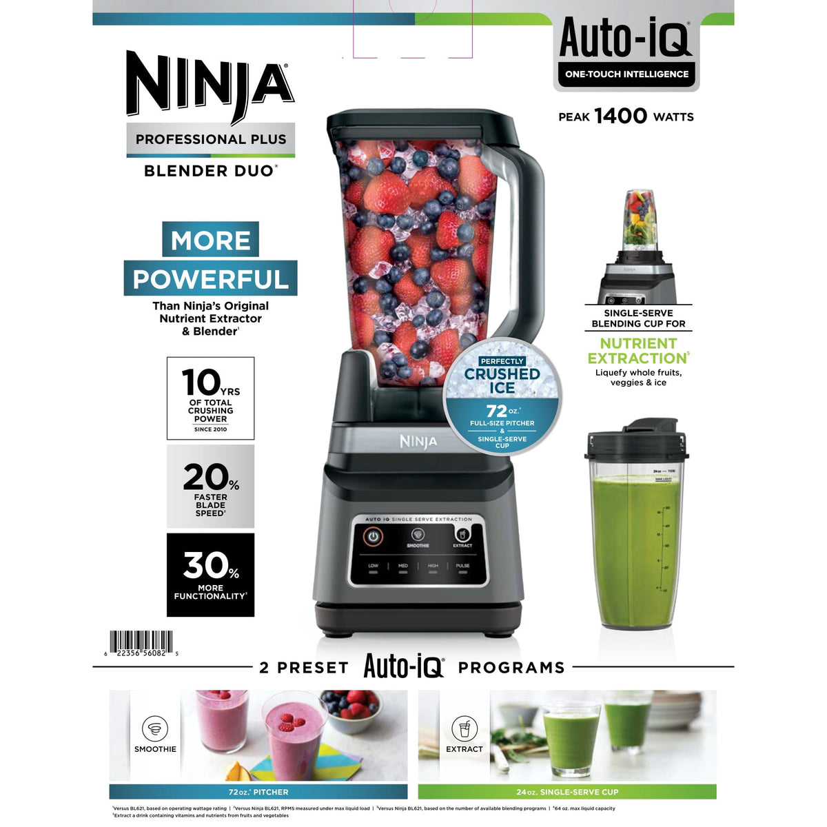 Ninja Professional Plus DUO 72-Oz Blender, Smoothies, Ice Crush, 2 Auto-iQ Preset Programs, 4 Speeds, 1400PW, BN750NV Navy