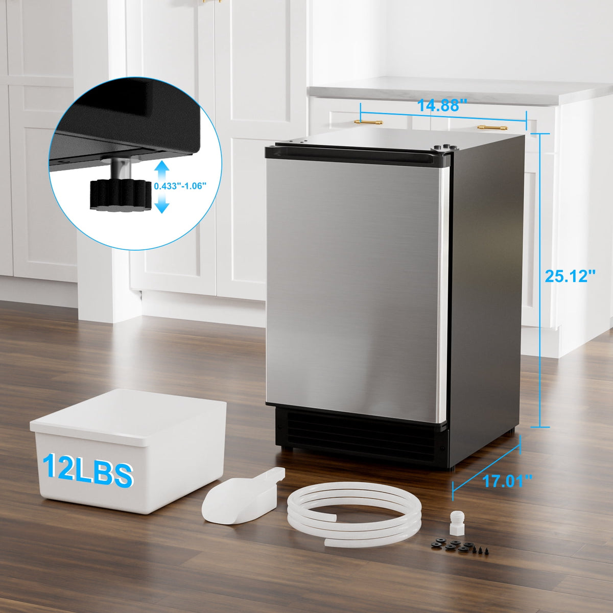 OUTBID 15" Under Counter Ice Maker Drainless, 25 lbs/24H Crescent Ice Machine with 22 lbs Storagefor Home Bar Kitchen Commercial, ETL