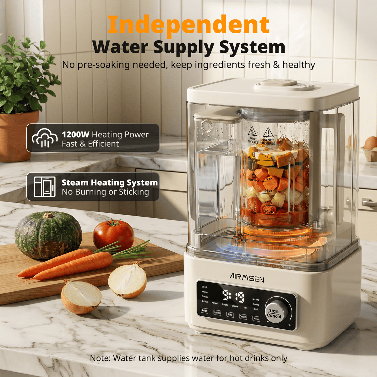 AIRMSEN 9-in-1 Blender for Kitchen, Professional Hot & Cold Blender for Smoothies, Soup, Soy Milk & Nut Milk, 51 oz Glass Jar, Independent Water Tank