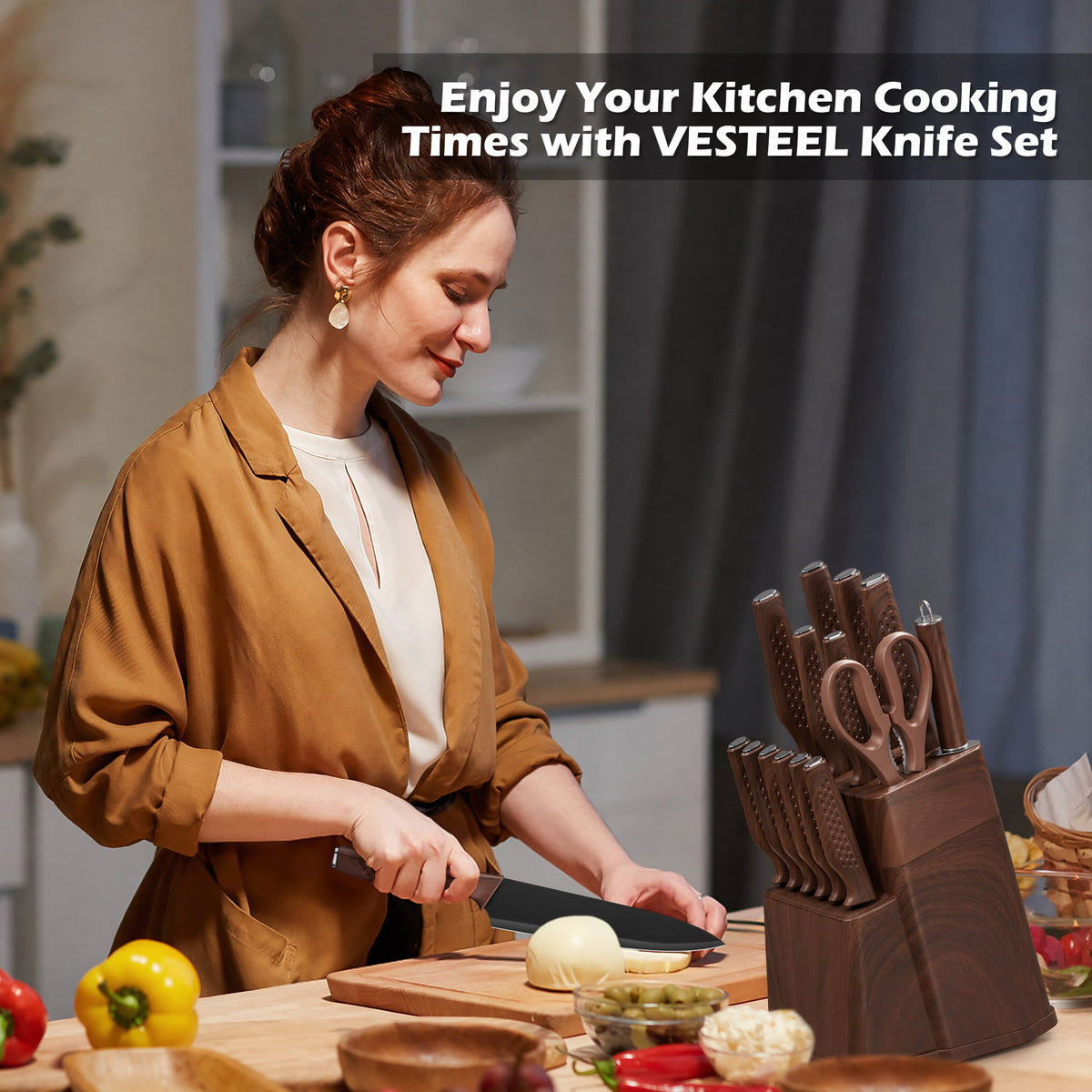 Vesteel Knife Block Set for Kitchen, 15-Piece High Carbon Stainless Steel Knives Set with Ergonomic Handle, Ultra-sharp & Rust Resistant, Walnut Brown