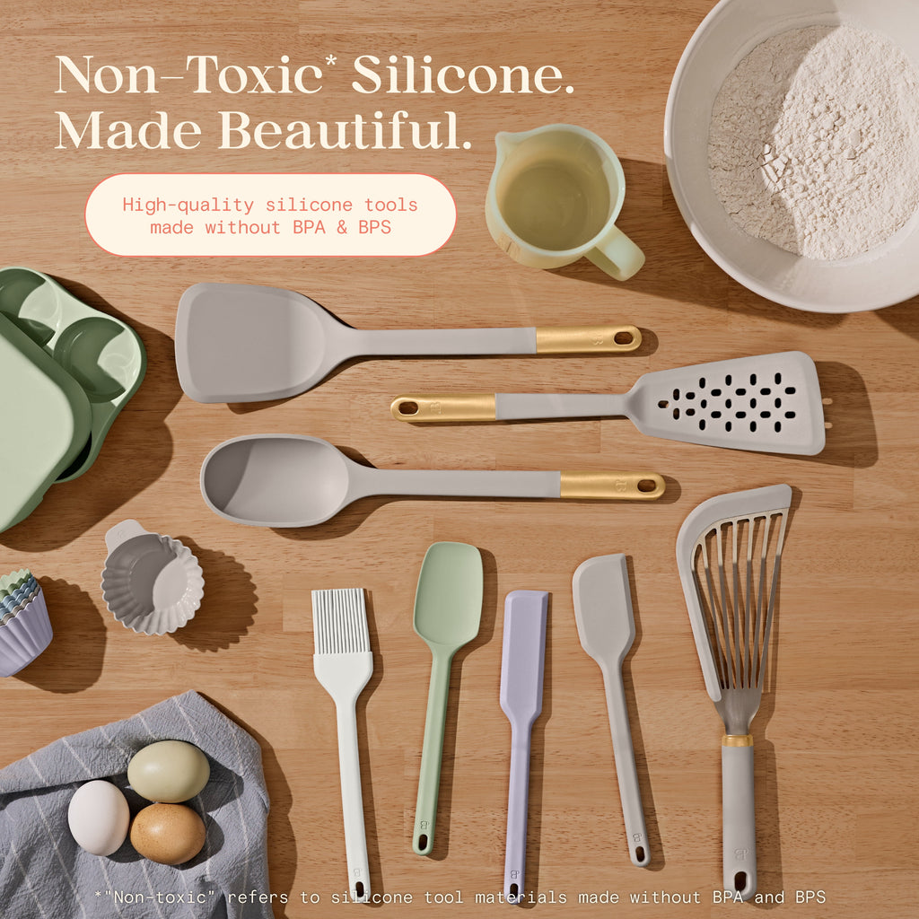 Beautiful 6-Piece Silicone Kitchen Tool Set with Ceramic Crock, Chocolate by Drew Barrymore