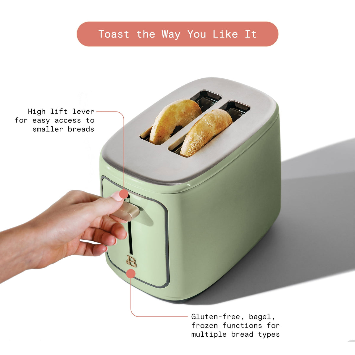 Beautiful 2 Slice Toaster with Touch-Activated Display, Thyme Green by Drew Barrymore