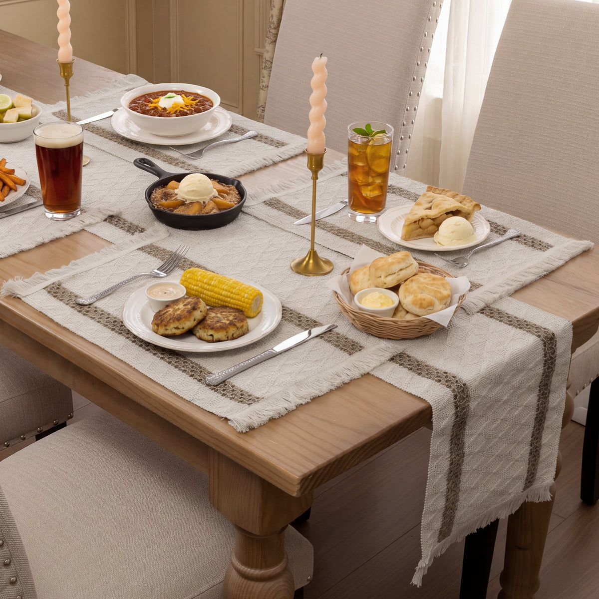 MeyJey Table Runner and Placemats Set of 4, Washable Fabric Rectangle Dining Table Mats with Tassels for Dining Tables, Kitchen, Red/Beige