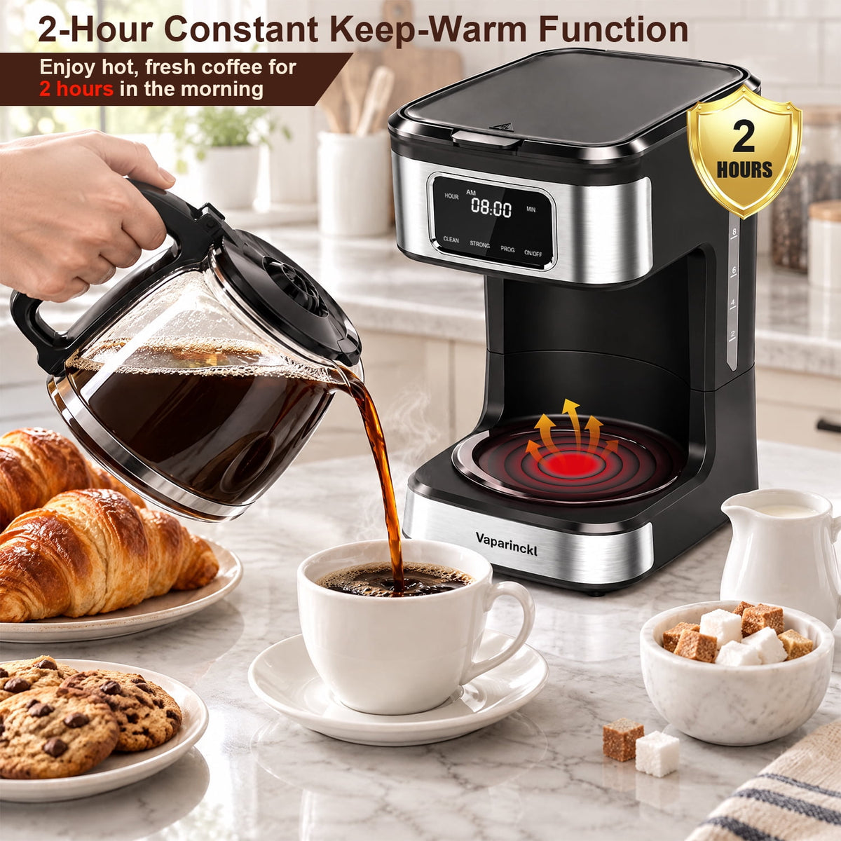 Vaparinckl 12-Cup Programmable Coffee Maker, Touch Screen, Auto Brew Timer & Shut-Off, Keep Warm, Black