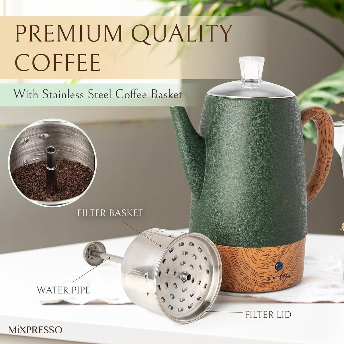 Mixpresso Percolator Coffee Pot Electric 10 Cup, Stainless Steel Coffee Maker, Coffee Percolator Electric With Keep Warm Function, 10 Cups Stainless Steel Perculator With Basket (Shiny Blue)