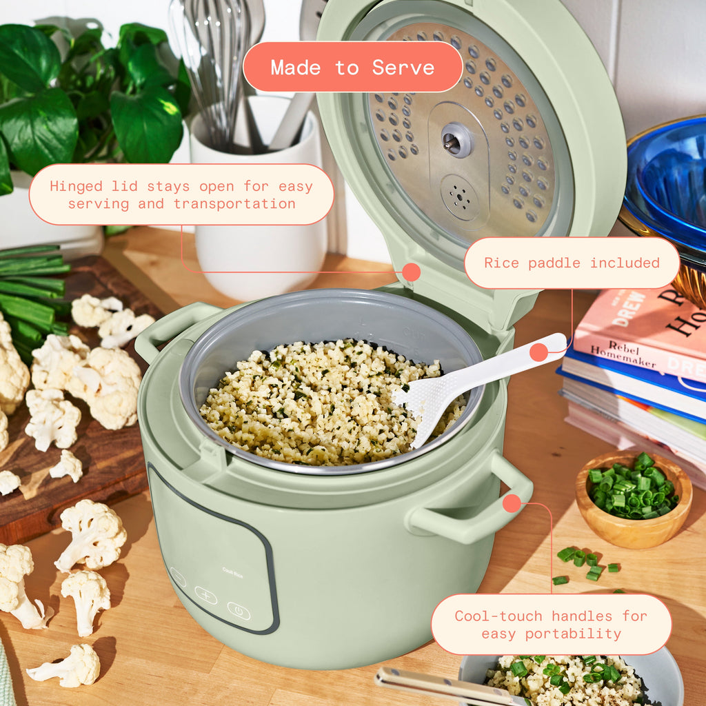 Beautiful 14-Cup Cooked, 6-Cups Uncooked Electric Rice and Grain Cooker, EverGood Ceramic Nonstick Coating, Thyme Green by Drew Barrymore
