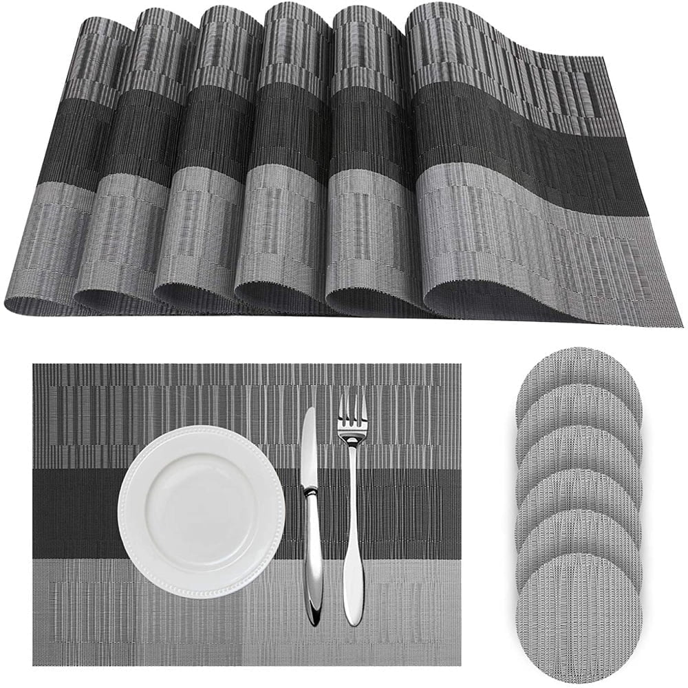 6pcs Placemats PVC Place Mats and Coasters Washable Non-Slip Heat Resistant Table Mats for Kitchen Dining Table Home Restaurant 12"×18", Sliver