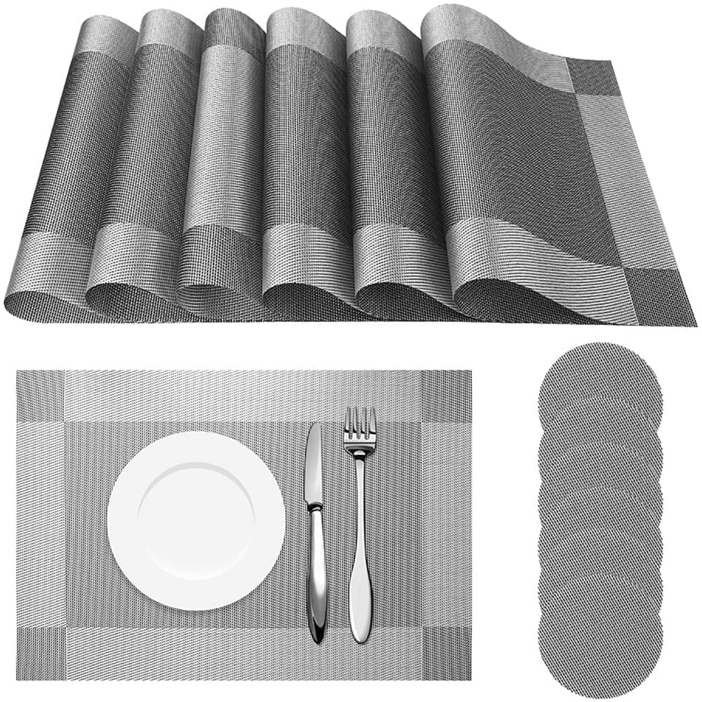 6pcs Placemats PVC Place Mats and Coasters Washable Non-Slip Heat Resistant Table Mats for Kitchen Dining Table Home Restaurant 12"×18", Sliver