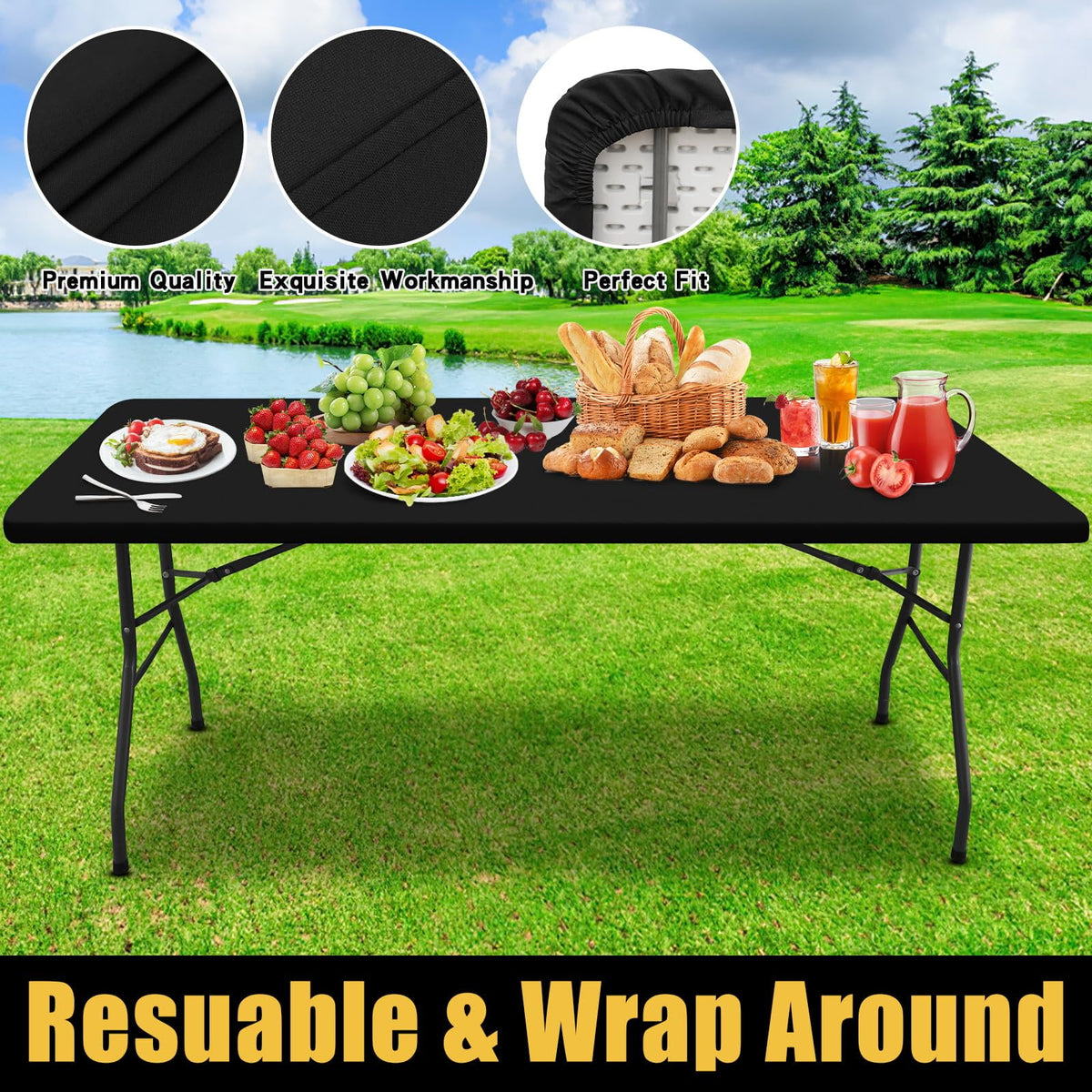 Smiry Rectangle Picnic Tablecloth, Waterproof Wipeable Table Cloth, Washable Elastic Table Cover for Outdoor and Indoor, 30"x72", Black