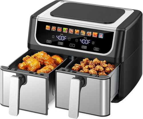 EDX 9QT Dual Basket Stainless Steel Air Fryer with Digital Sync & Match Cook, 1700W, 10 Presets, 2 Independent Cooking Zones, Shake Reminder, Black