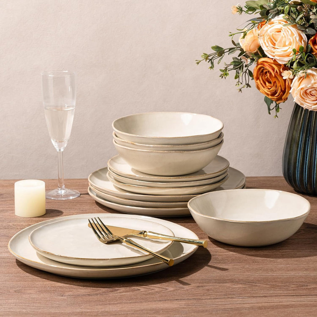 AmorArc Ceramic Dinnerware Sets,Handmade Reactive Glaze Stoneware Plates and Bowls Sets,Highly Chip and Crack Resistant | Dishwasher & Microwave Safe Dishes Set,Service for 4 Set(12pc),Reactive Glaze