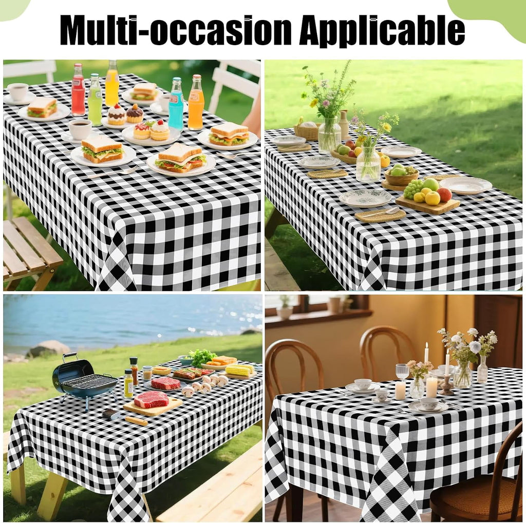 decorUhome Rectangle Tablecloth, Waterproof Vinyl Flannel Backed Table Cloth, Buffalo Wipeable Plastic Table Cover for Kitchen and Outdoor, Black and White, 60" x 84"