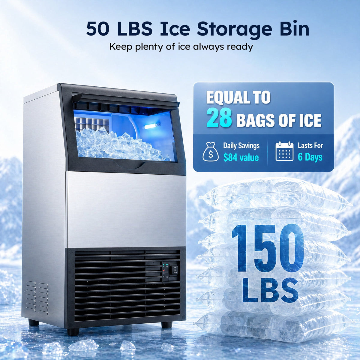 Ecojoy Commercial Ice Maker Machine, 150 Lbs/Day Stainless Steel Under Counter Ice Maker, 40Lbs Ice Storage Bin, Water Filter, 45 Cubes in 8-12 Mins