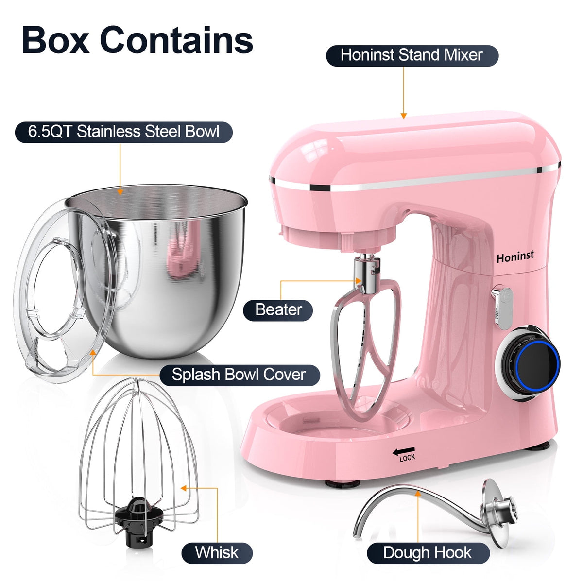 Honinst 6.5 QT Electric Stand Mixer, 10+P Speeds Lightweight with Tilt-Head Kitchen Stand Mixer, Dough Hook, Whisk, Beater and Bowl, Food Mixer for Baking, Cake and Most Home Cooks