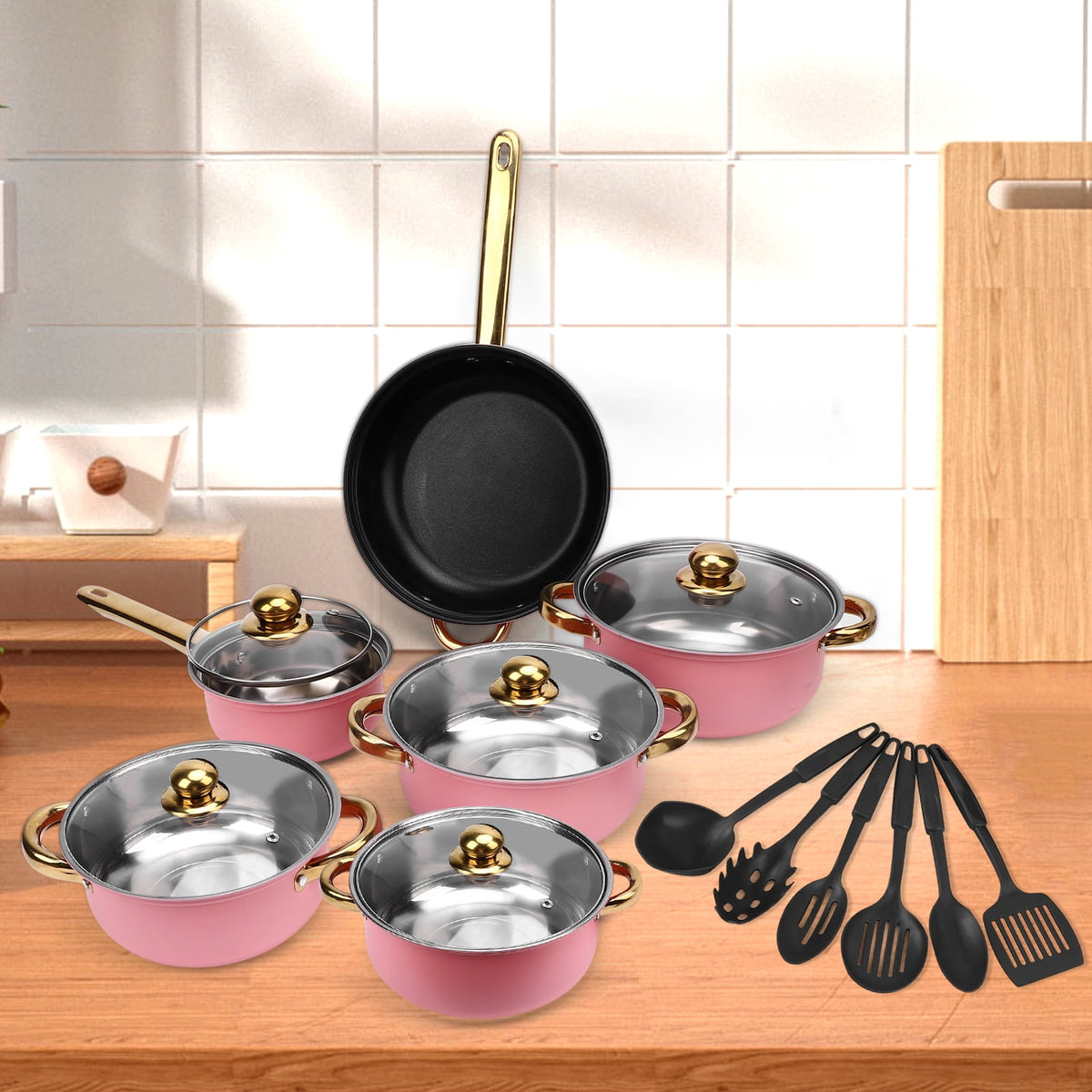 12 Piece Stainless Steel Cookware Set, Nonstick Cookware Set, Kitchen Pots and Pans Tea Kettle Set with Glass Lid for Cooking, Dishwasher, Pink