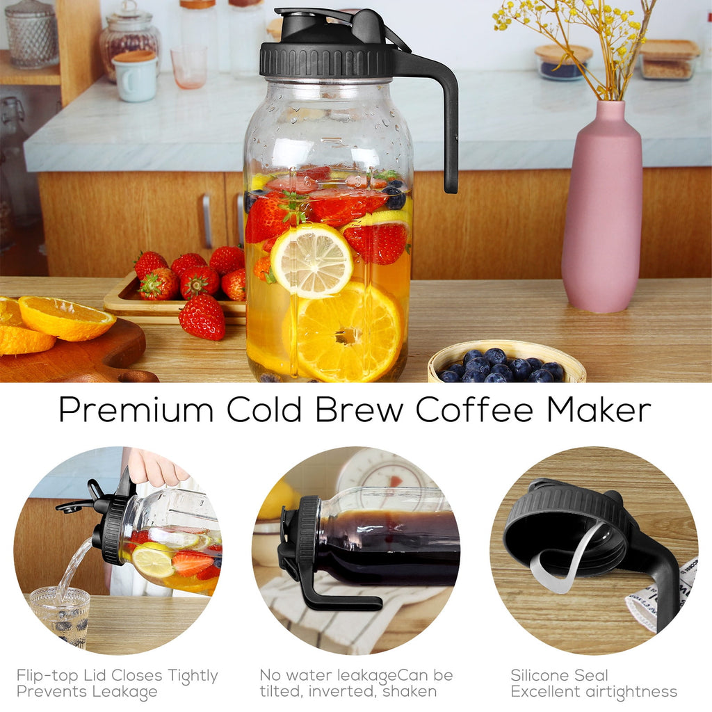 VA1KENE Glass Pitcher with Lid, Mason Jar Pitcher with Spout and Handle for Lemonade, Iced Drinks, and Sun Tea 64oz Gray