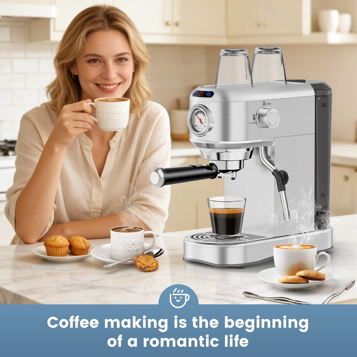 SUDILO 20 Bar Espresso Machine, Stainless Steel Coffee Maker with Steam Frother, 34oz Removable Water Tank, Compact for Home Office, Silver