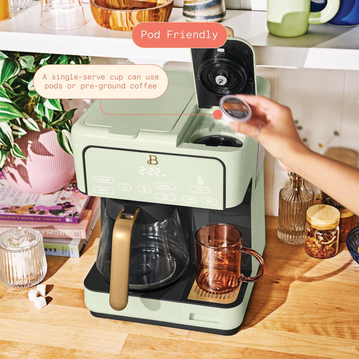 Beautiful by Drew Barrymore Multi-Brew 12-Cup Programmable Drip & Single-Serve Coffee Maker, White Icing