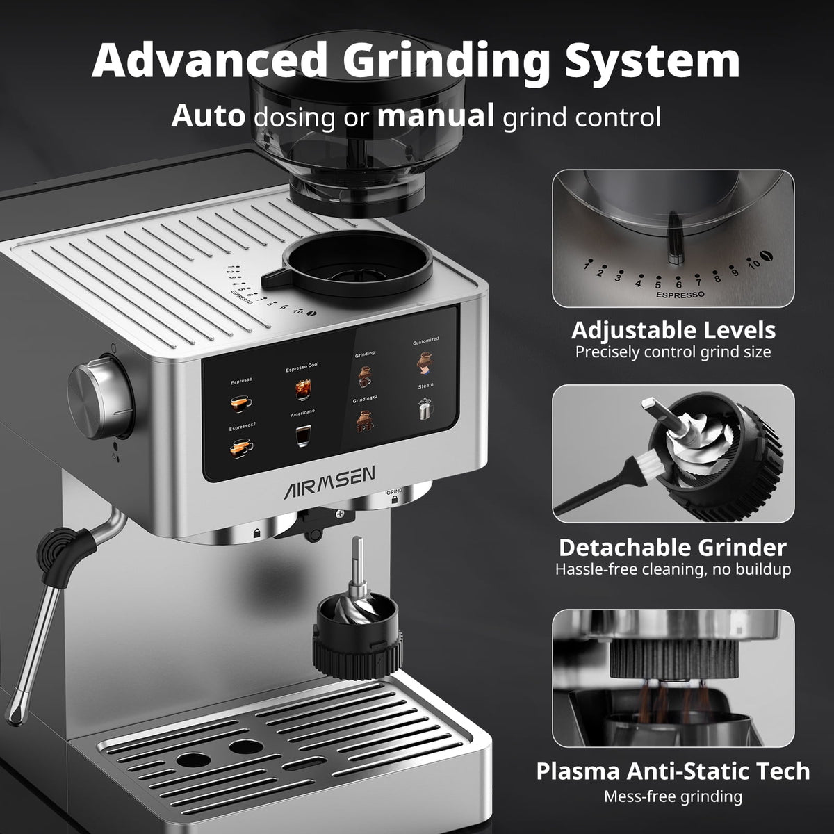 AIRMSEN Espresso Machine with Grinder, Espresso Coffee Machine with Customized Grind Amount & Coffee Volume, Cold Brew Coffee Maker for Cappuccino Latte Americano, Brushed Stainless Steel