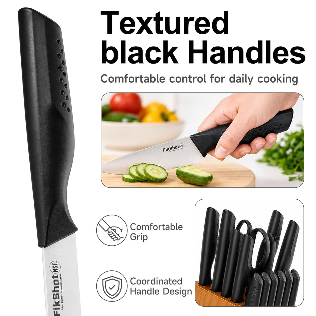 Knife Set with Block and Sharpener, High Carbon Stainless Steel Chef Knife block Set for Kitchen（15 PCS Pro Black）