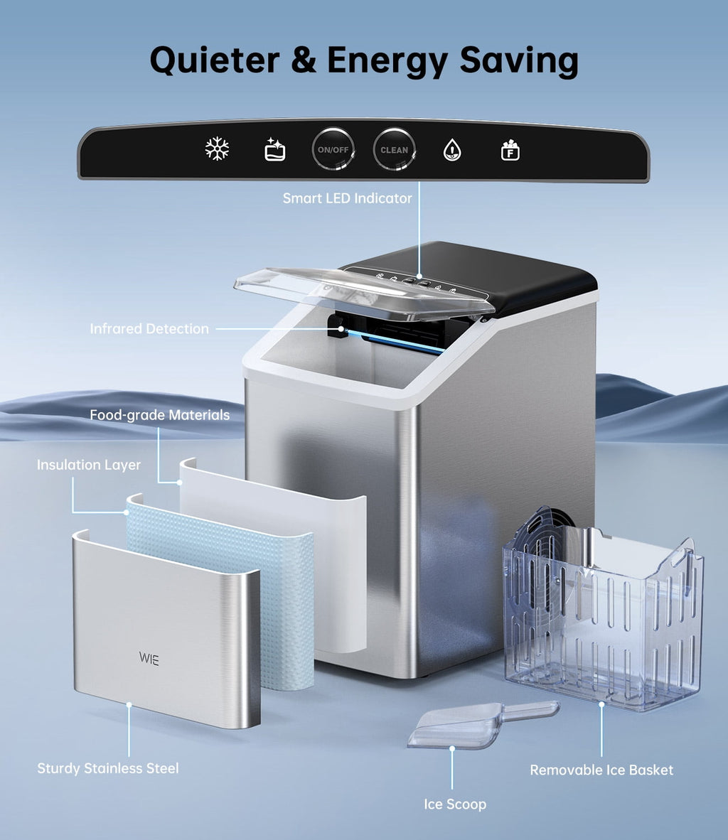 WIE 40lbs/Day Countertop Sonic-Style Chewable Nugget Ice Maker Silver