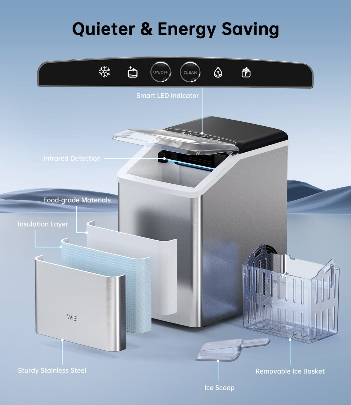 WIE 40lbs/Day Countertop Sonic-Style Chewable Nugget Ice Maker Silver