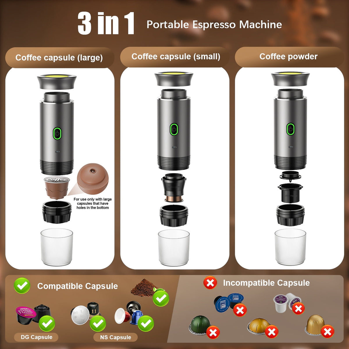 TINANA Portable Espresso Machine for Travel, 3-in-1 Mini Coffee Maker with USB-C, Compatible with NS/DG Capsules/Ground Coffee, 20 Bar, Ideal for Camping, Car, Office & Gifts, Gray