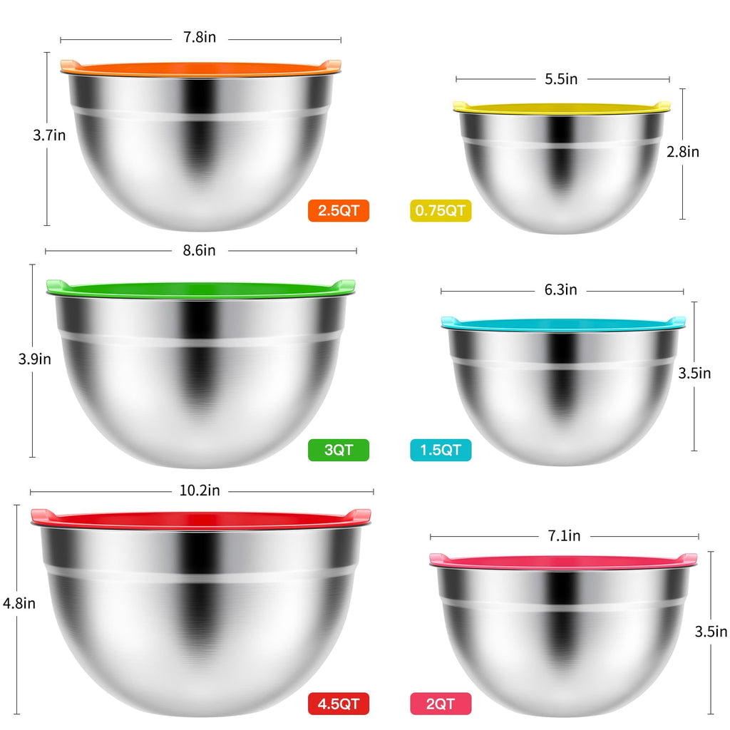 Stainless Steel Mixing Bowls Set, TINANA 6 Pack Mixing Bowls with Lids, Metal Nesting Storage Bowls for Kitchen, 4.5/3/2.5/2/1.5/0.75QT, Great for Prep, Baking, Serving, Multicolor