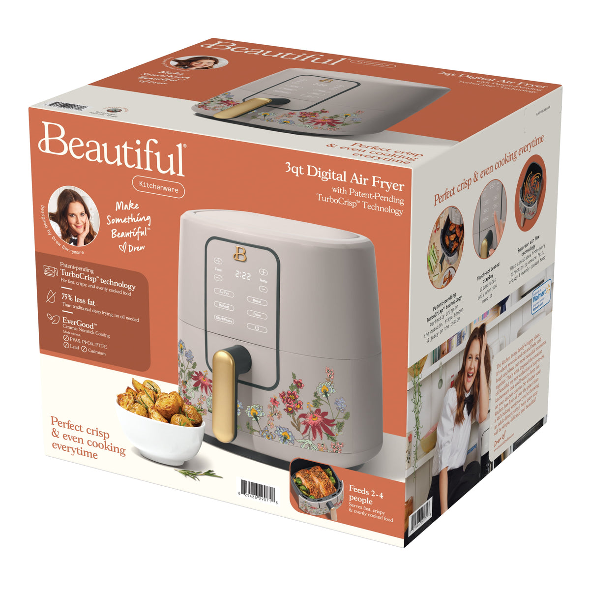 Beautiful 3 Qt Air Fryer with TurboCrisp Technology, EverGood Non-Toxic Ceramic Nonstick Coating, Chocolate by Drew Barrymore