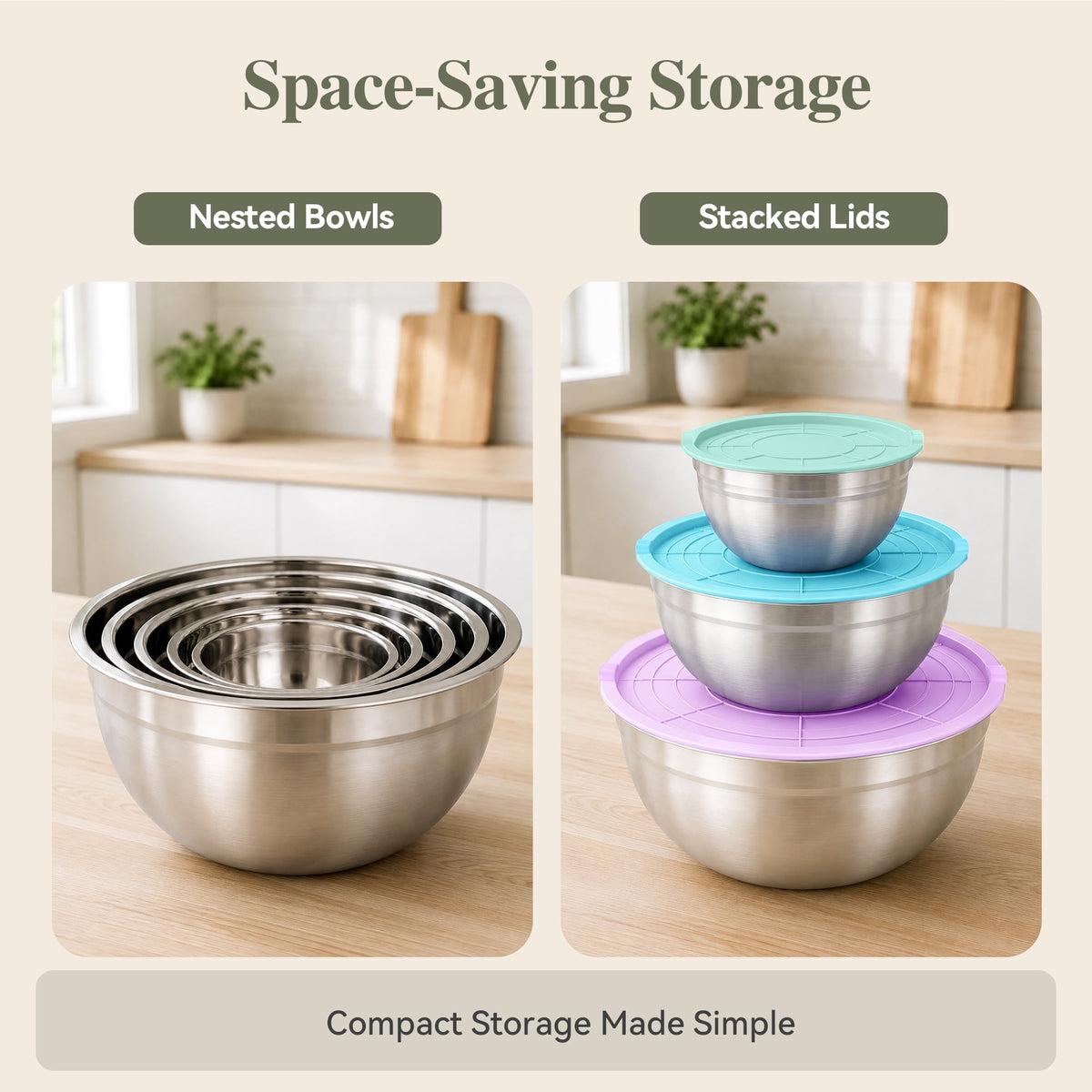 TINANA Stainless Steel Mixing Bowls with Lids, 5 Pack Nesting Kitchen Bowls, Multi Color Lids, Metal Food Storage Bowls, 0.75-4.5 Qt
