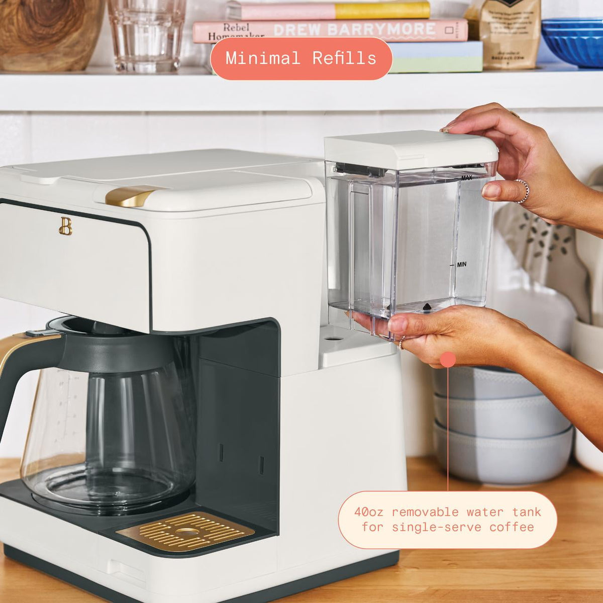 Beautiful by Drew Barrymore Multi-Brew 12-Cup Programmable Drip & Single-Serve Coffee Maker, White Icing
