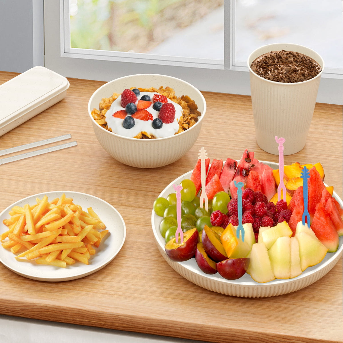 TINANA Wheat Straw Dinnerware Set, Service for 4, 48 PCS Unbreakable Plastic Plates and Bowls Sets, Dishwasher Microwave Safe, Black