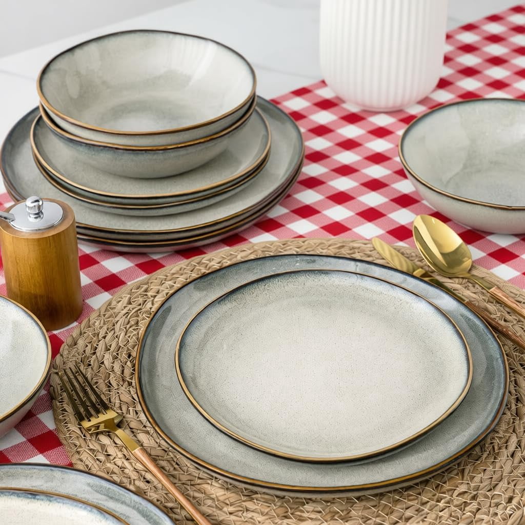 AmorArc Ceramic Dinnerware Sets,Handmade Reactive Glaze Stoneware Plates and Bowls Sets,Highly Chip and Crack Resistant | Dishwasher & Microwave Safe Dishes Set,Service for 4 Set(12pc),Reactive Glaze