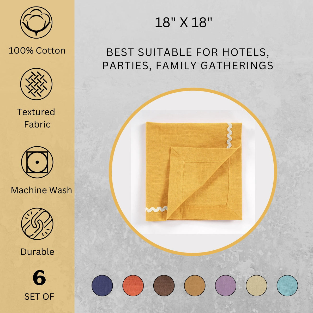 Fingercraft Cloth Napkin, Soft Quality Cotton Linen Blend Fabric, Dinner Napkins with Premium White Lace, 6 Pack, 20”x20” Aqua