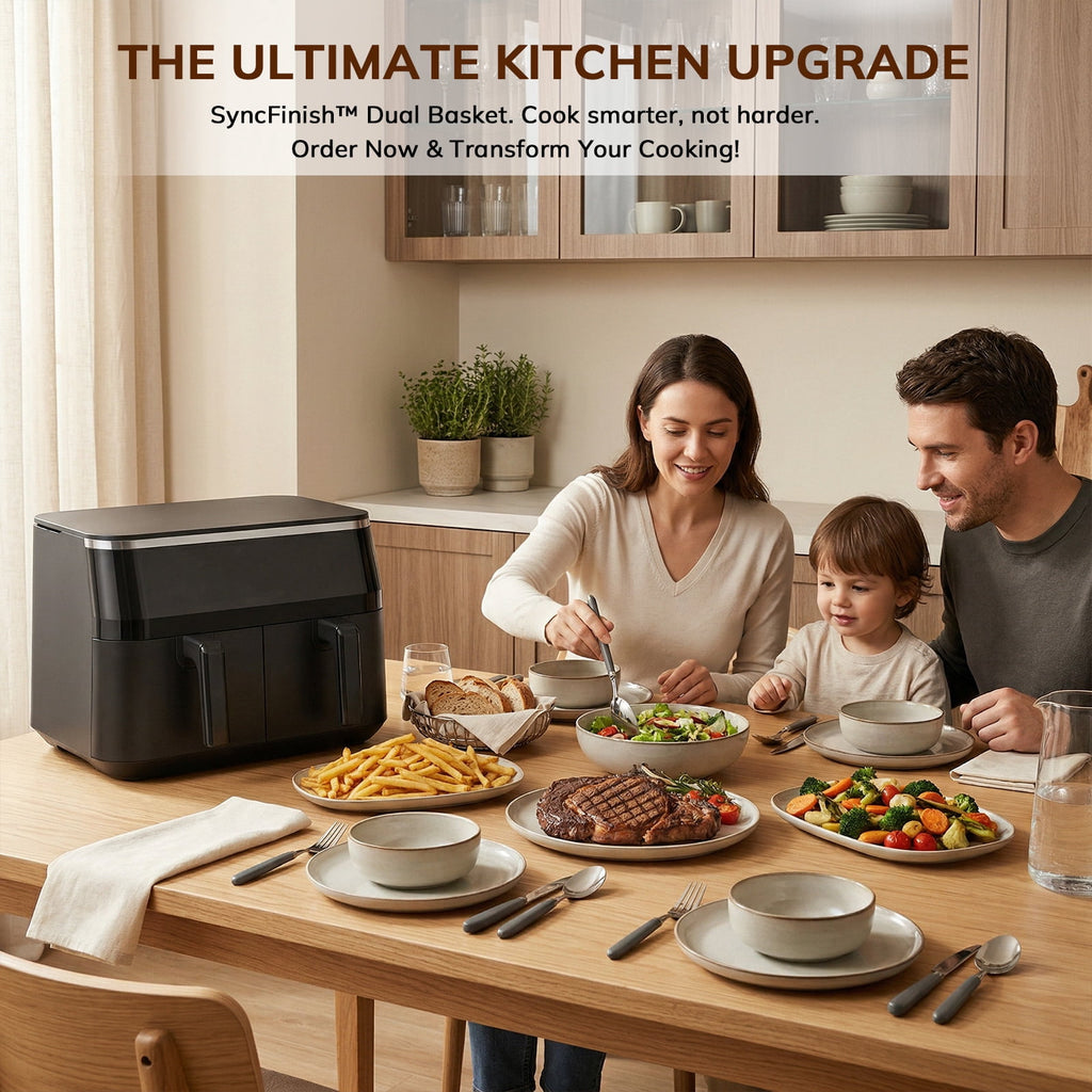 10QT Dual Basket Air Fryer with Digital LED Touchscreen, 12 Presets, Independent Dual Controls, Sync Finish, 1700W, 140-400°F, Black