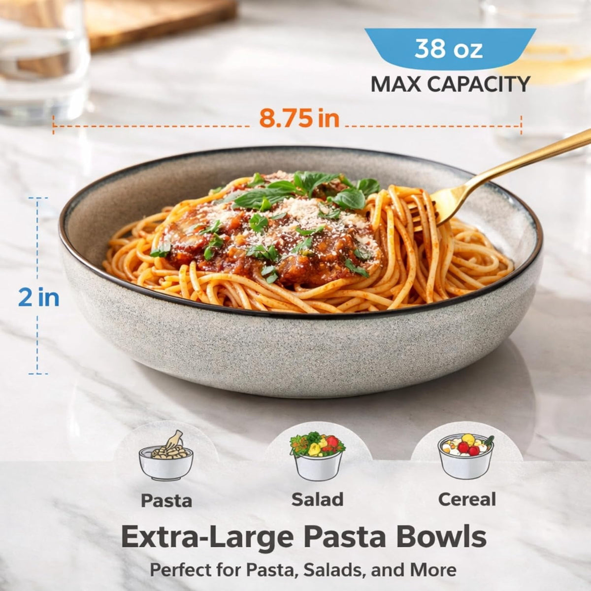 AmorArc 8.75'' Large Ceramic Pasta Bowls, 38oz Stoneware Pasta Serving Bowls Set of 4 for Kitchen, Wide Bowls for Fruit,Pasta,Salad,Oatmeal,Meal, Microwave Safe, Reactive Glaze-Space Blue