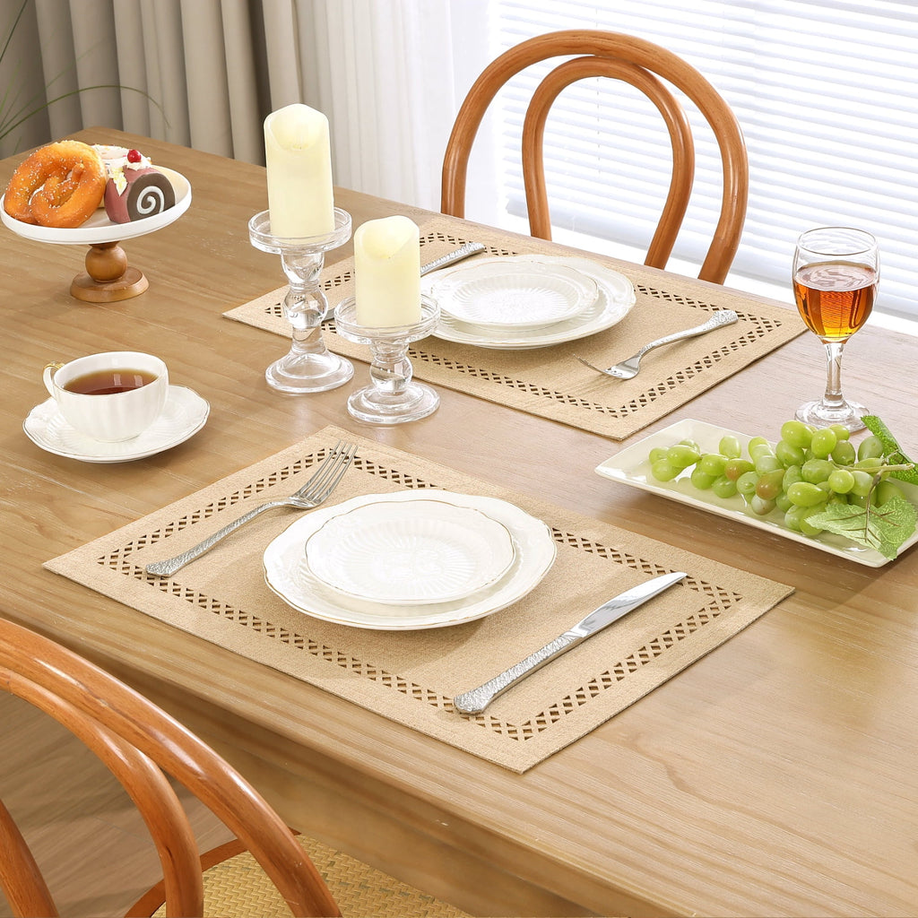 Placemats Set of 4, Yamaziot Double Layer Cloth Fabric Heat Resistant Place Mat, Washable Reversible Rectangle Dining Table Mats, Hollow Khaki, 12"x18"