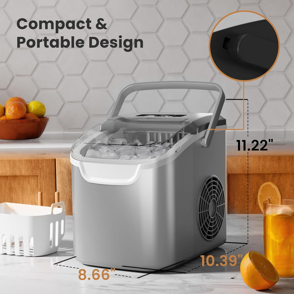 Havato Countertop Ice Maker, 8 Bullet Ice Cubes in 6 Mins, 26lbs/24H, w/ Scoop & Basket, White