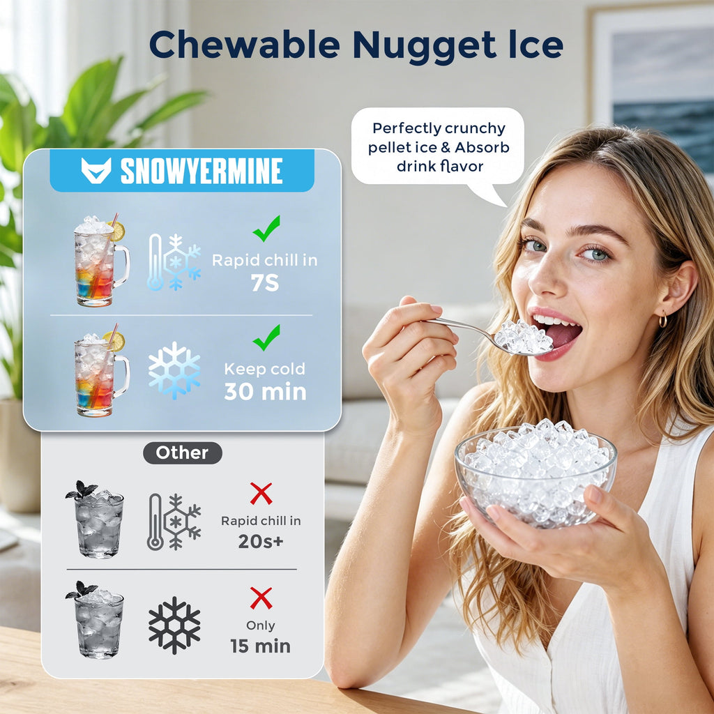 Snowyermine Nugget Ice Maker Countertop, 44 lbs per Day, Soft, Chewable Sonic-Style Pebble Ice, One-Touch Self-Cleaning, Stainless Steel, Black, for Home, Kitchen, Office, RV and Camping