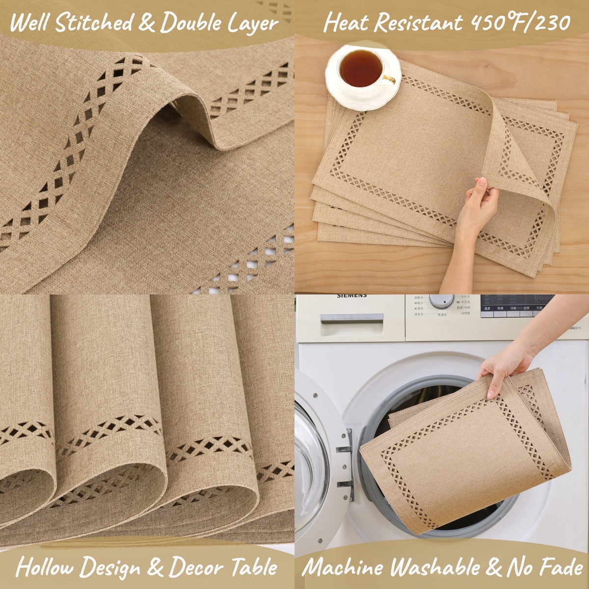 Placemats Set of 4, Yamaziot Double Layer Cloth Fabric Heat Resistant Place Mat, Washable Reversible Rectangle Dining Table Mats, Hollow Khaki, 12"x18"
