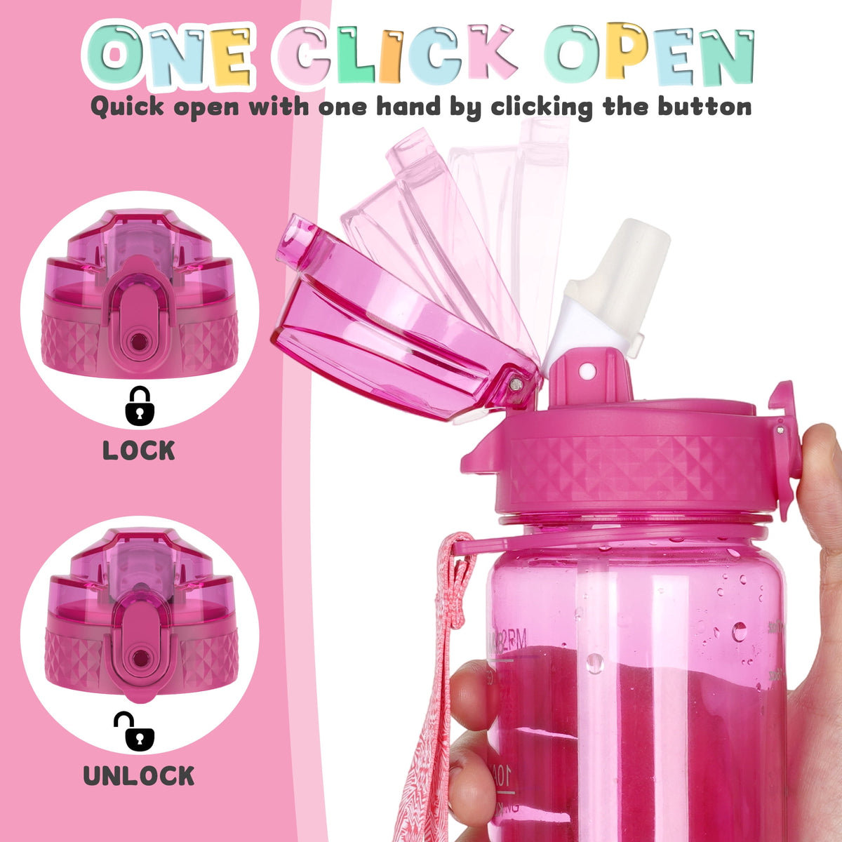 Oldley Transparent Tritan Kids Bottle – 17oz Straw Water Bottle with One-Hand Open Button, Lockable Leak-Proof Lid, Ideal for Daily Hydration