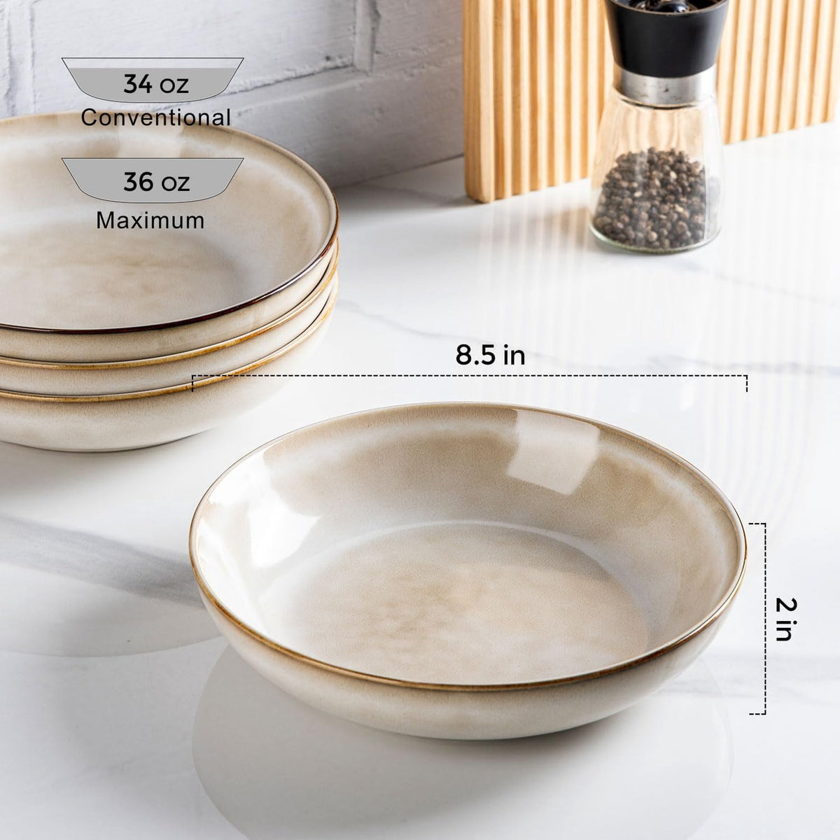 AmorArc 8.5'' Large Ceramic Pasta Bowls Set, 36oz Stoneware Bowls Set of 6 for Kitchen, Reavtive Glaze Bowls-Microwave,Dishwasher Safe for Pasta,Salad,Oatmeal-Ceylon Blue