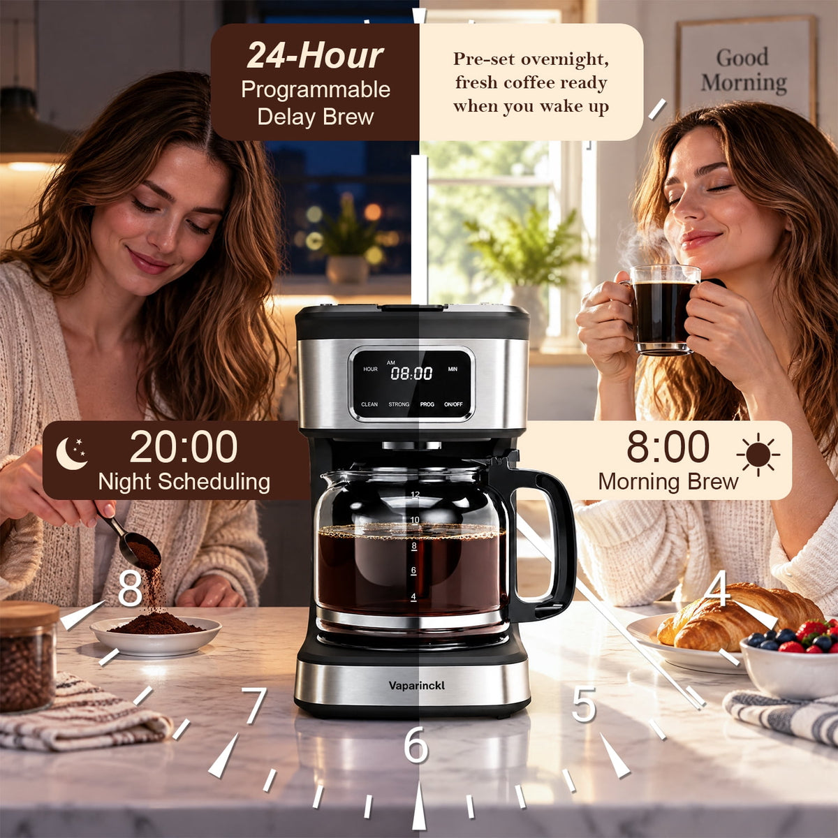 Vaparinckl 12-Cup Programmable Coffee Maker, Touch Screen, Auto Brew Timer & Shut-Off, Keep Warm, Black