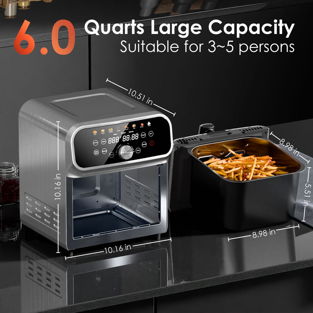 WHALLSE 6QT Air Fryer with Visual Window, 8 Preset Menus & 360° Rapid Air Circulation for Healthy Oil-Less Cooking,Exterior: Stainless Steel