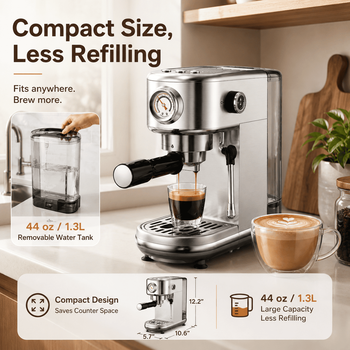 20 Bar Espresso Machine with Milk Frother, Steam Wand & Pressure Gauge, Amumu Compact Stainless Steel Coffee Maker for Cappuccino & Latte, Silver