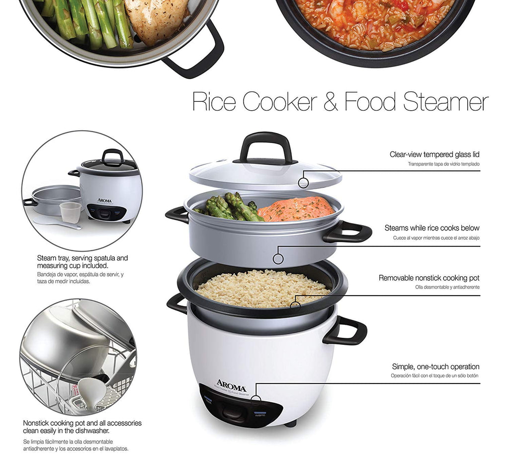 AROMA® 14-Cup (Cooked) / 3Qt. Rice & Grain Cooker, White, New, ARC-747-1NG