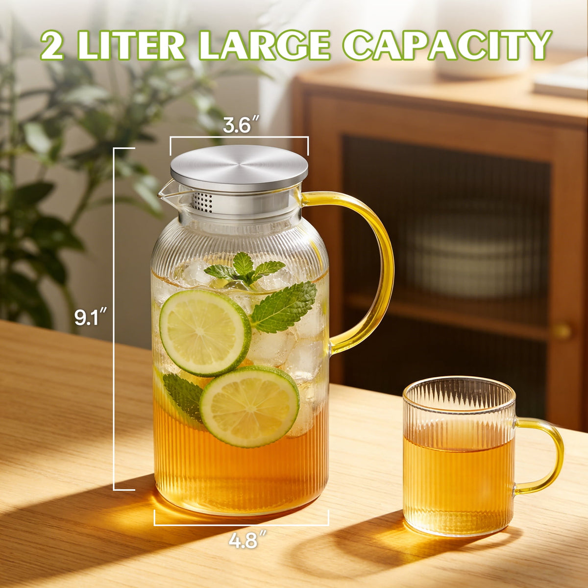 TINANA 68 oz Glass Pitcher with Lid, 2L Borosilicate Water Carafe, Stainless Steel Filter Lid, Iced Tea Lemonade Juice Milk Beverage Jug
