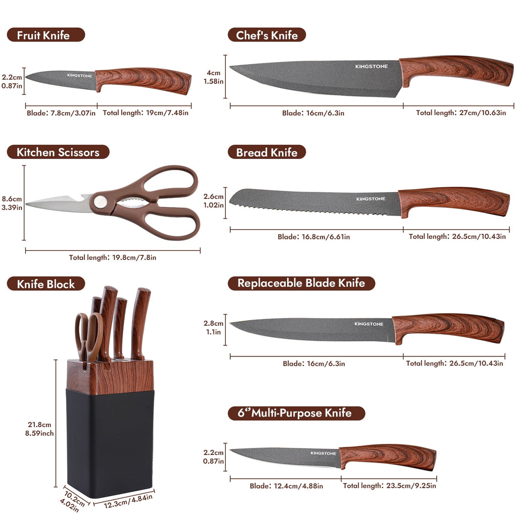 KINGSTONE 7-Piece Kitchen Knife Set with Cutting Board & Sharpener, 408 Stainless Steel Cutlery, Dishwasher Safe Block Set